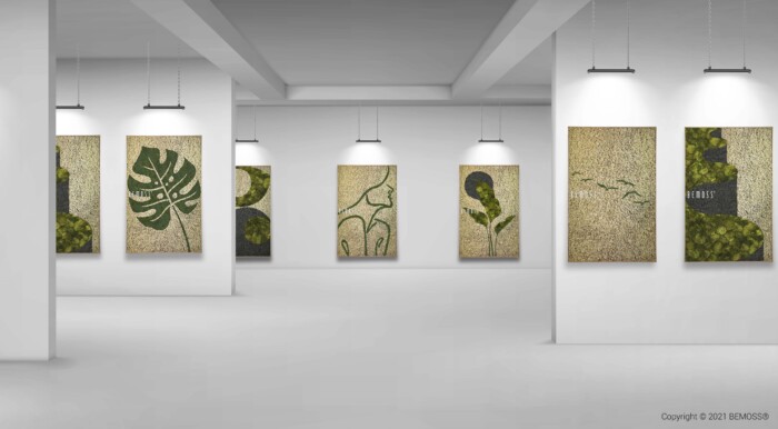 Une galerie d'art contemporain aux murs blancs présente diverses peintures abstraites aux motifs de feuilles vertes et dorées suspendues sous des projecteurs. Intégrant Earth Gagos au décor, le revêtement de sol blanc souligne encore plus l'esthétique minimaliste.