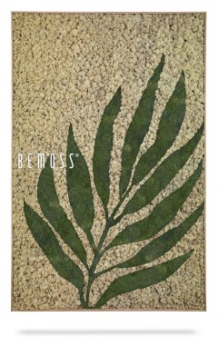 Un Albardo de terre encadré présentant un motif de feuille de plante verte sur un fond beige texturé. Le mot « BEMOSS » est affiché bien en évidence sur le côté gauche de l’image.