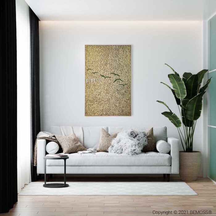 Un salon moderne et minimaliste comprend un canapé blanc avec des coussins texturés et une couverture grise moelleuse. Une table d'appoint ronde contient un Earth Meao à côté du canapé. La pièce est décorée d'une plante feuillue en pot et d'une œuvre d'art mural en tableau de mousse.