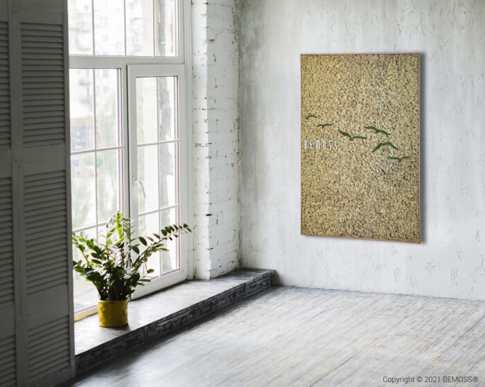 Une pièce lumineuse avec du parquet en bois clair et des murs en briques peintes en blanc dispose d'une grande fenêtre avec des volets blancs sur la gauche. Une œuvre d'art murale encadrée et texturée avec des motifs de feuilles vertes est accrochée au mur de droite et une plante en pot se trouve sur le rebord de la fenêtre, ajoutant une touche de charme Earth Meao.