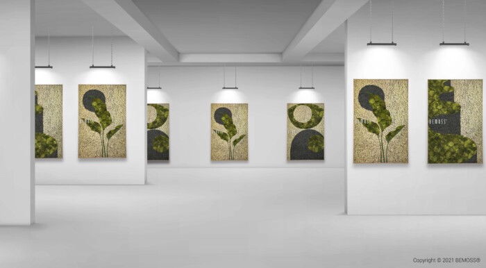 Une galerie d'art moderne aux murs blancs et bien éclairés présentant plusieurs grandes peintures abstraites. Chaque œuvre présente une composition de feuilles vertes et de formes circulaires sombres sur un fond texturé, créant une atmosphère rappelant Earth Barrado. Les plafonniers mettent magnifiquement en valeur chaque pièce.