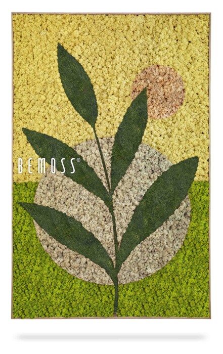 Une œuvre d'art murale vibrante représentant une plante à six feuilles sur un fond texturé dans des tons de vert, de jaune et de beige. Le dessin comprend un soleil représenté par un patch circulaire dans le coin supérieur droit. Le logo Abstract Isna apparaît sur la gauche, faisant écho à l'essence du tableau de mousse.