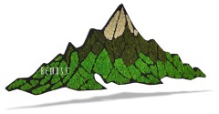 Illustration stylisée d'une montagne avec une base boisée verte et un pic rocheux marron. Le mot « Tableau de mousse Acacia (114x188cm) » apparaît sur le côté gauche, incrusté dans le tableau de mousse vert. La montagne et la forêt forment un design épuré et minimaliste.