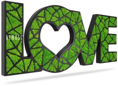 Une œuvre d’art murale décorative épelant « LOVE » en lettres noires et audacieuses. L'intérieur de chaque lettre est rempli de motifs de mousse géométriques vert vif, un style signature du Tableau de mousse Acacia (114 x 188 cm). Le « O » a la forme élégante d’un cœur.