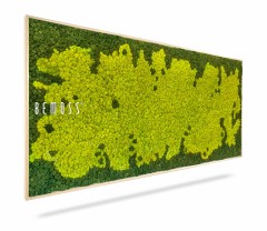 L'œuvre d'art mural rectangulaire Tableau de mousse BEMOSS® SPLASH présente une mousse préservée verte et jaune vibrante avec un cadre en bois. Le mot « BEMOSS » est écrit en blanc sur le côté gauche de l’œuvre. La mousse luxuriante et texturée crée une esthétique naturelle et organique, incarnant parfaitement le concept de murs végétaux.