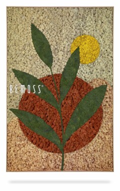 Une œuvre d'art texturée sur laquelle est inscrit "Abstract Oveja". Le dessin représente une plante verte avec plusieurs feuilles poussant sur un monticule orange sur un fond beige, ressemblant à des murs végétaux. Un cercle jaune en forme de soleil est positionné dans le coin supérieur droit de l’œuvre.