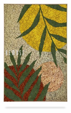 Une décoration murale texturée colorée présentant de grandes feuilles superposées et des formes circulaires en vert, jaune, rouge et beige. Le dessin comprend le texte « BEMOSS » en lettres majuscules blanches sur le côté gauche. Cet Oveja abstrait vibrant crée une pièce décorative saisissante sur un fond texturé.