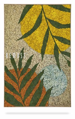 Tapis texturé présentant des motifs de feuilles vertes superposant de grands cercles abstraits jaunes, orange et bleu clair. Le nom de la marque « Abstract Oveja » est élégamment affiché sur le côté gauche du tapis. Le fond présente une texture tissée beige rappelant un tableau de mousse.