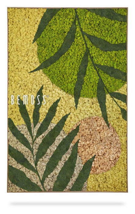 Une œuvre d’art texturée présente de grandes feuilles vertes sur un fond jaune vif avec des taches beiges et marron clair. Le mot « Abstract Oveja » est écrit sur le côté gauche. Le design ressemble à un thème botanique abstrait, rappelant les créations de tableaux de mousse.