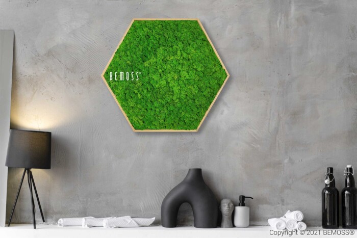 Un intérieur moderne présente une œuvre d'art hexagonale encadrée en mousse verte sur un mur de béton gris. Ci-dessous, un vase abstrait noir et trois bouteilles en verre noir reposent sur une étagère minimaliste. Une lampe trépied noire avec un abat-jour rectangulaire se dresse à gauche. Cette configuration élégante met magnifiquement en valeur les designs BEMOSS murs en mousse.