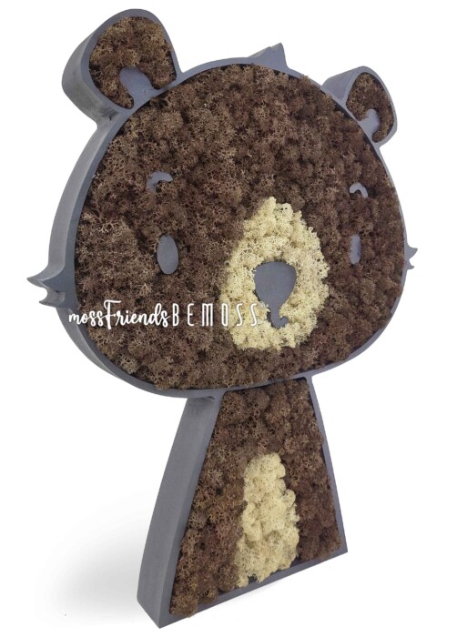 Une œuvre d'art BEMOSS en forme d'ours de MossFriends, composée de mousse colorée disposée à l'intérieur d'un contour d'ours gris. La zone intérieure présente un corps brun avec un museau et un ventre beiges. Ce magnifique tableau de mousse ajoute un élément de nature à n'importe quel espace.