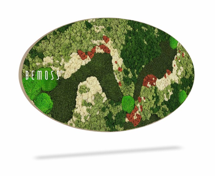 Un Tableau de mousse mural Ellipse BEMOSS® ORTHO TORRES de forme ovale avec des taches vertes, blanches et rouges de mousse préservée disposées selon un motif abstrait. Le logo 