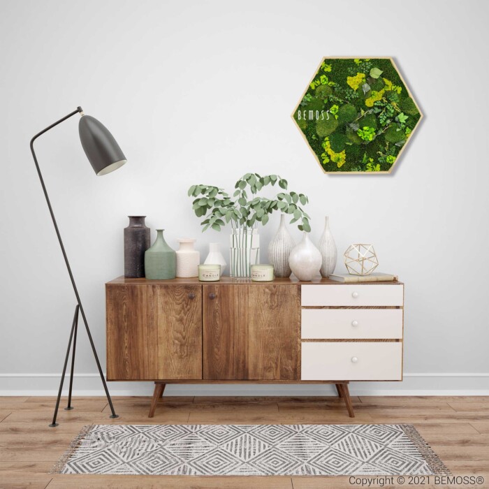 Un salon moderne avec un buffet en bois du milieu du siècle décoré de vases, de plantes et d'un décor géométrique. Un lampadaire se trouve à gauche. Un jardin vertical hexagonal avec Hexagone de mousse PLANTES Mesia Lime est monté sur le mur au-dessus du buffet. Un tapis à motifs est posé au sol.