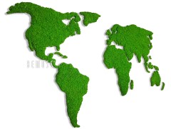 Une carte du monde faite de mousse verte couvre l’Amérique du Nord, l’Amérique du Sud, l’Europe, l’Afrique et une partie de l’Asie. Les continents sont séparés et placés sur un fond blanc. Le mot "BEMOSS" est visible sur le côté gauche de ce Tableau de mousse unique Mappemonde CONTINENTS.