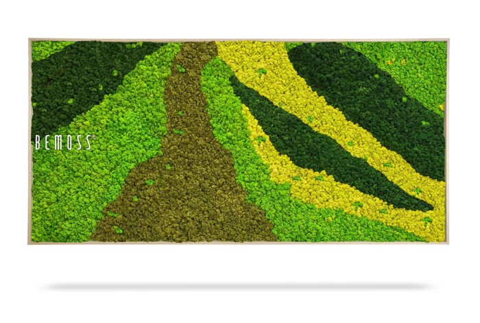 Une œuvre d'art rectangulaire faite de mousse préservée présente diverses nuances de vert et de jaune, disposées selon un motif abstrait et fluide. La mention « Tableau de mousse BEMOSS® ORTHO CARROT » est affichée sur le côté gauche. La pièce est encadrée d’une simple bordure en bois.