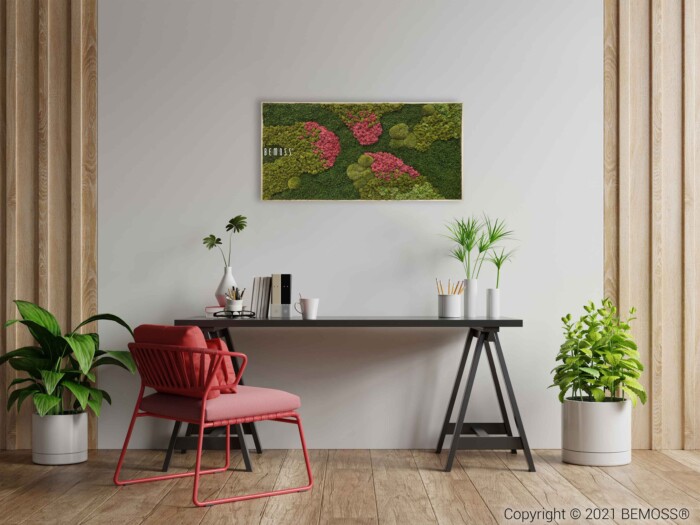 Un espace de travail moderne comprend un élégant bureau noir avec des fournitures de bureau organisées et une chaise rouge. Le bureau est accompagné de plantes vertes des deux côtés, et un Tableau de mousse BEMOSS® ORTHO MEDIUM encadré orne le mur gris clair au-dessus.