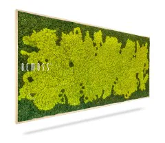 L'œuvre d'art mural rectangulaire Tableau de mousse BEMOSS® SPLASH présente une mousse préservée verte et jaune vibrante avec un cadre en bois. Le mot « BEMOSS » est écrit en blanc sur le côté gauche de l’œuvre. La mousse luxuriante et texturée crée une esthétique naturelle et organique, incarnant parfaitement le concept de murs végétaux.